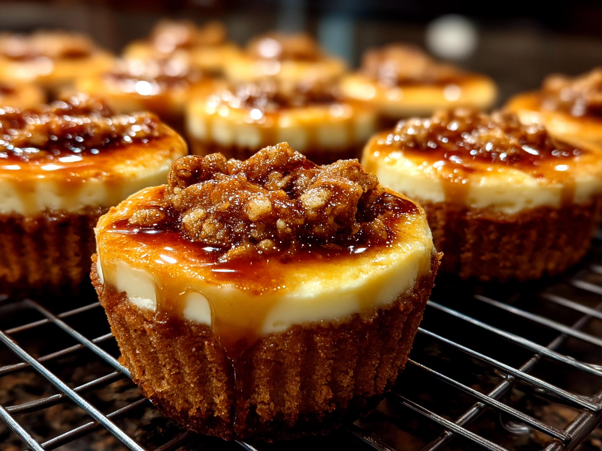 Close up of finished warm Apple Crisp Mini Cheesecakes with a crumbly oat topping
