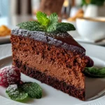 food blogger, taken with iPhone 14. Close-up slight angle of freshly prepared chocolate cake on white plate. rich inviting --ar 4:3 --style raw --s 240