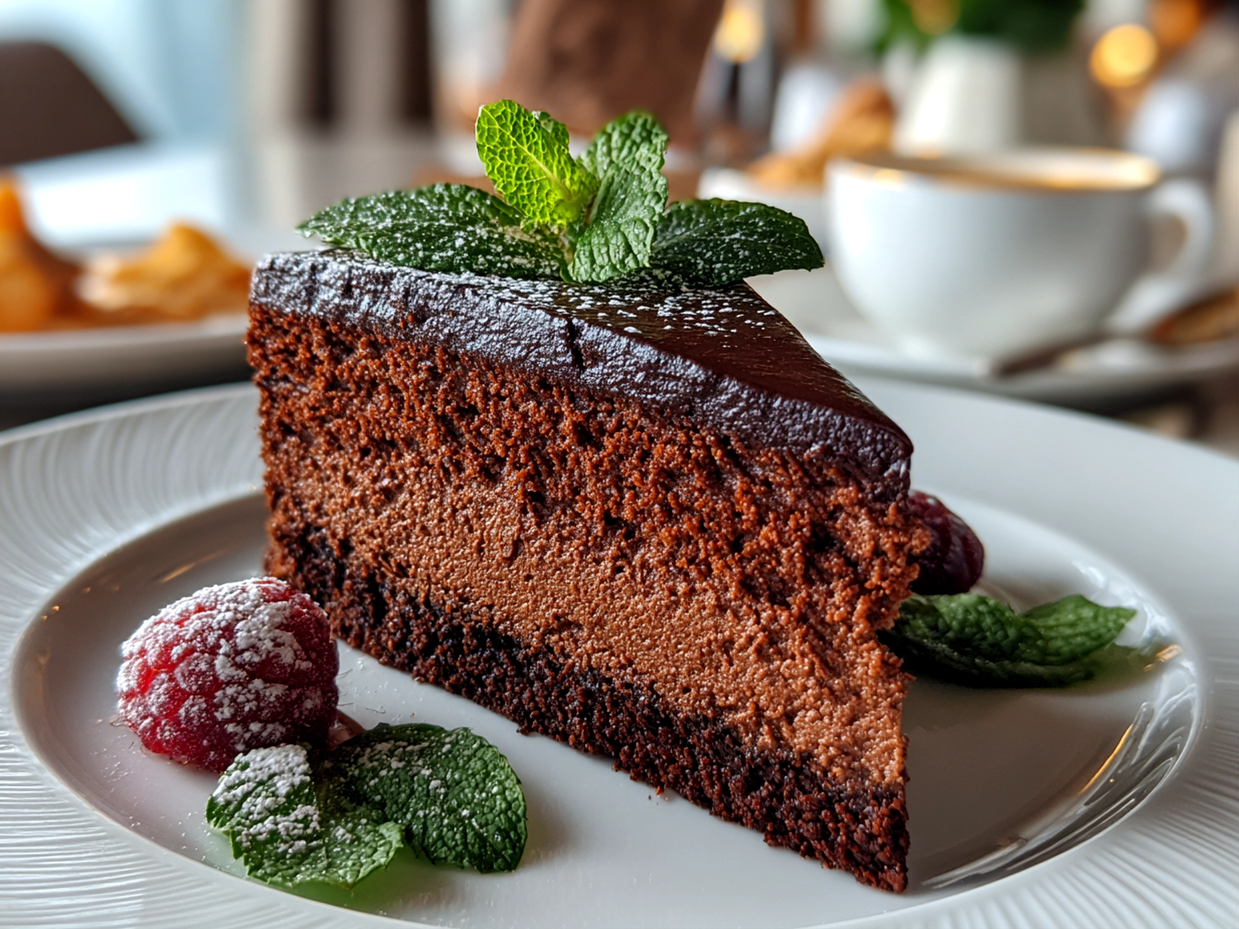 food blogger, taken with iPhone 14. Close-up slight angle of freshly prepared chocolate cake on white plate. rich inviting --ar 4:3 --style raw --s 240