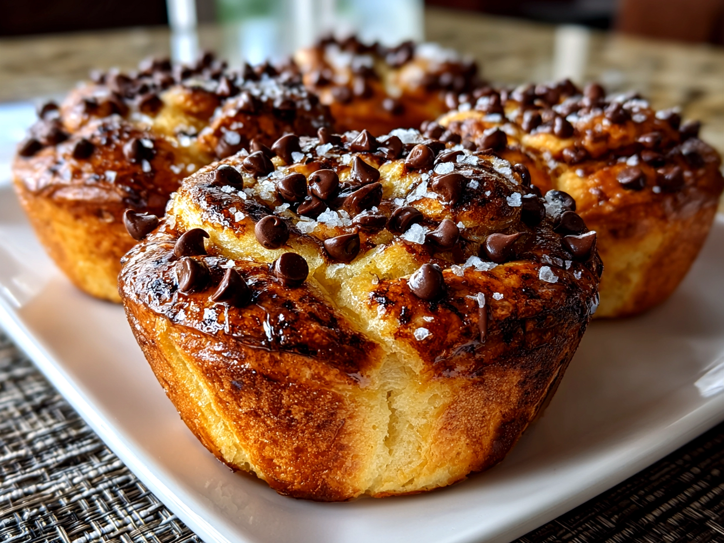 Freshly baked chocolate chip sourdough cruffins on white plate