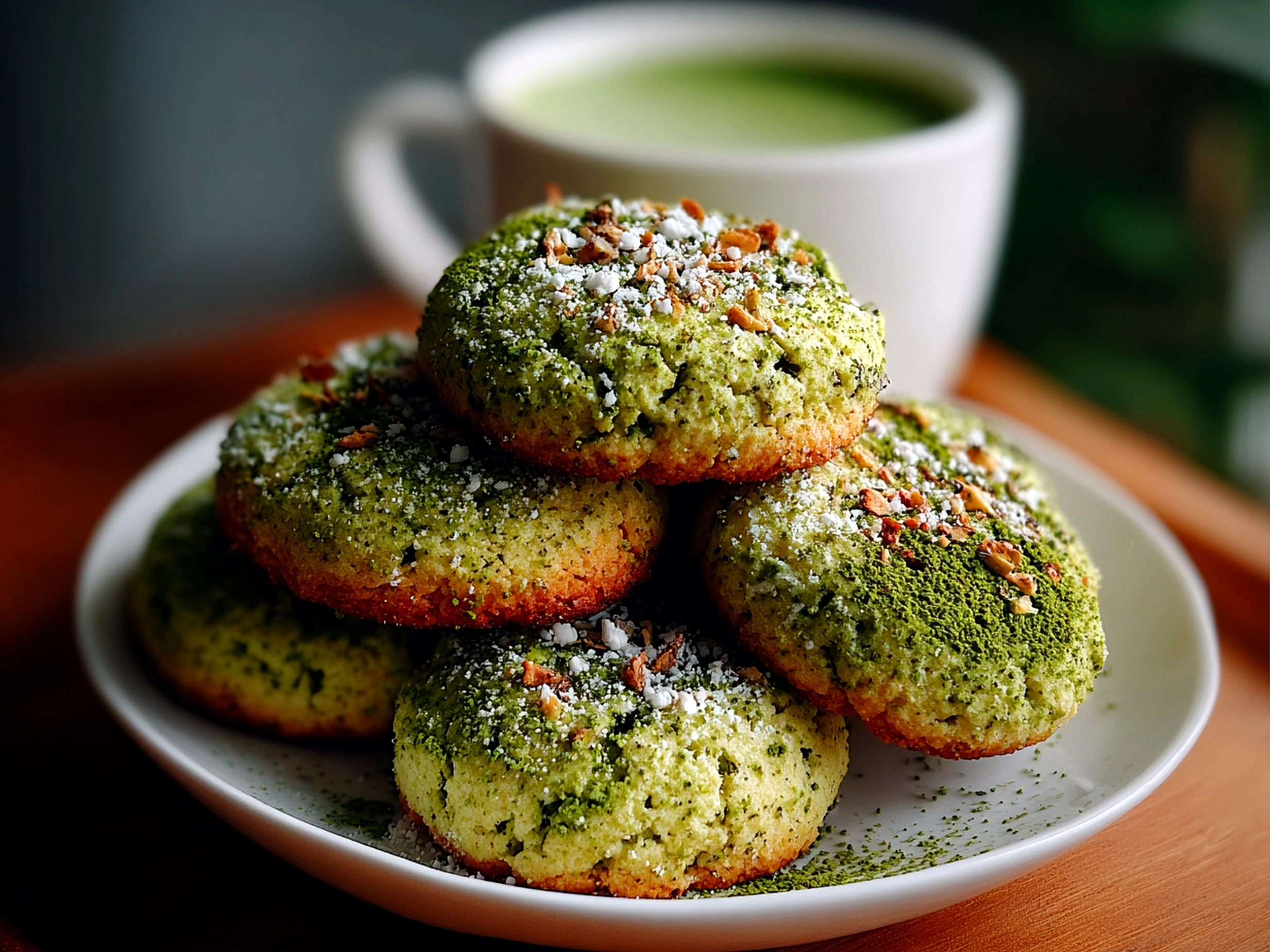 Freshly baked matcha latte cookies on white plate