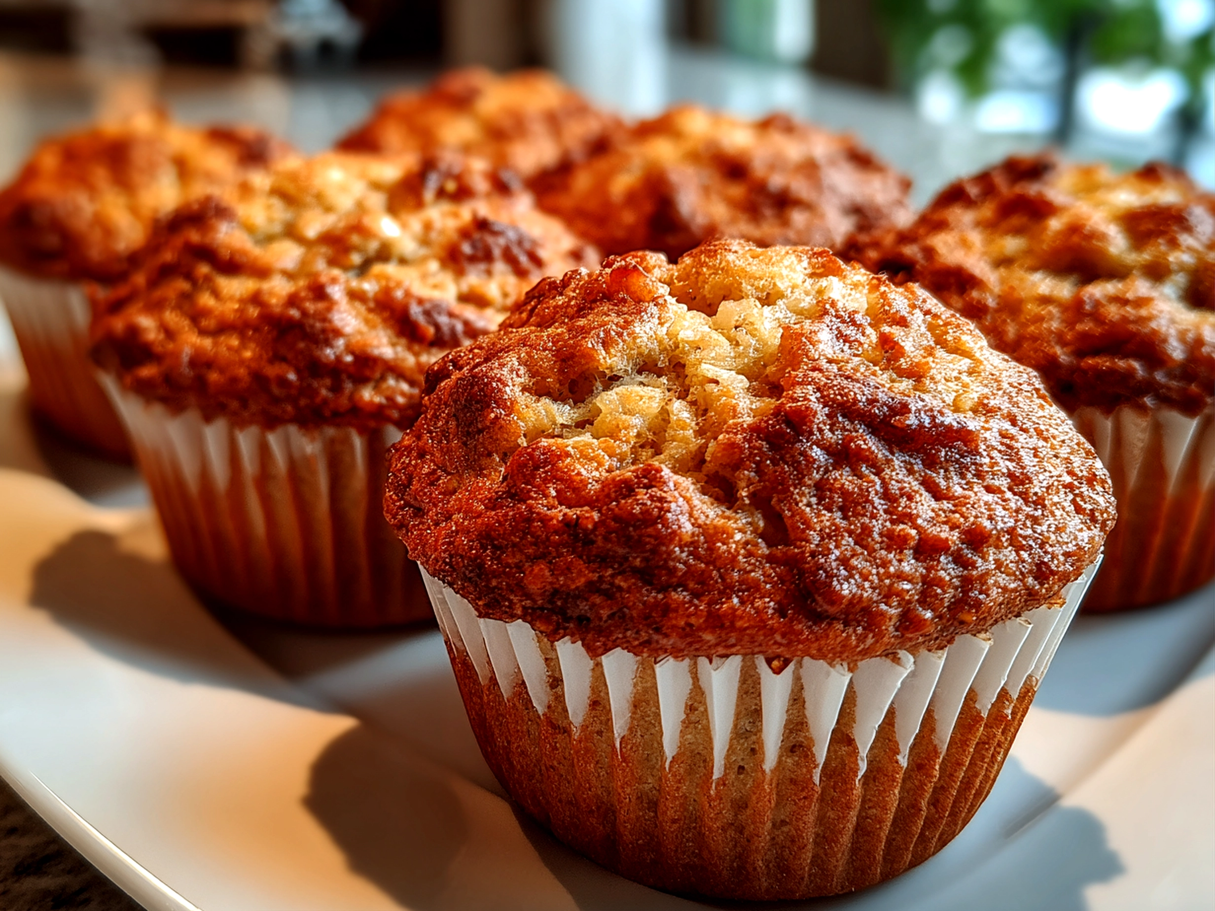 Freshly baked sourdough discard banana muffins on a clean counter