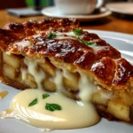 Freshly baked toffee apple pie with creamy custard