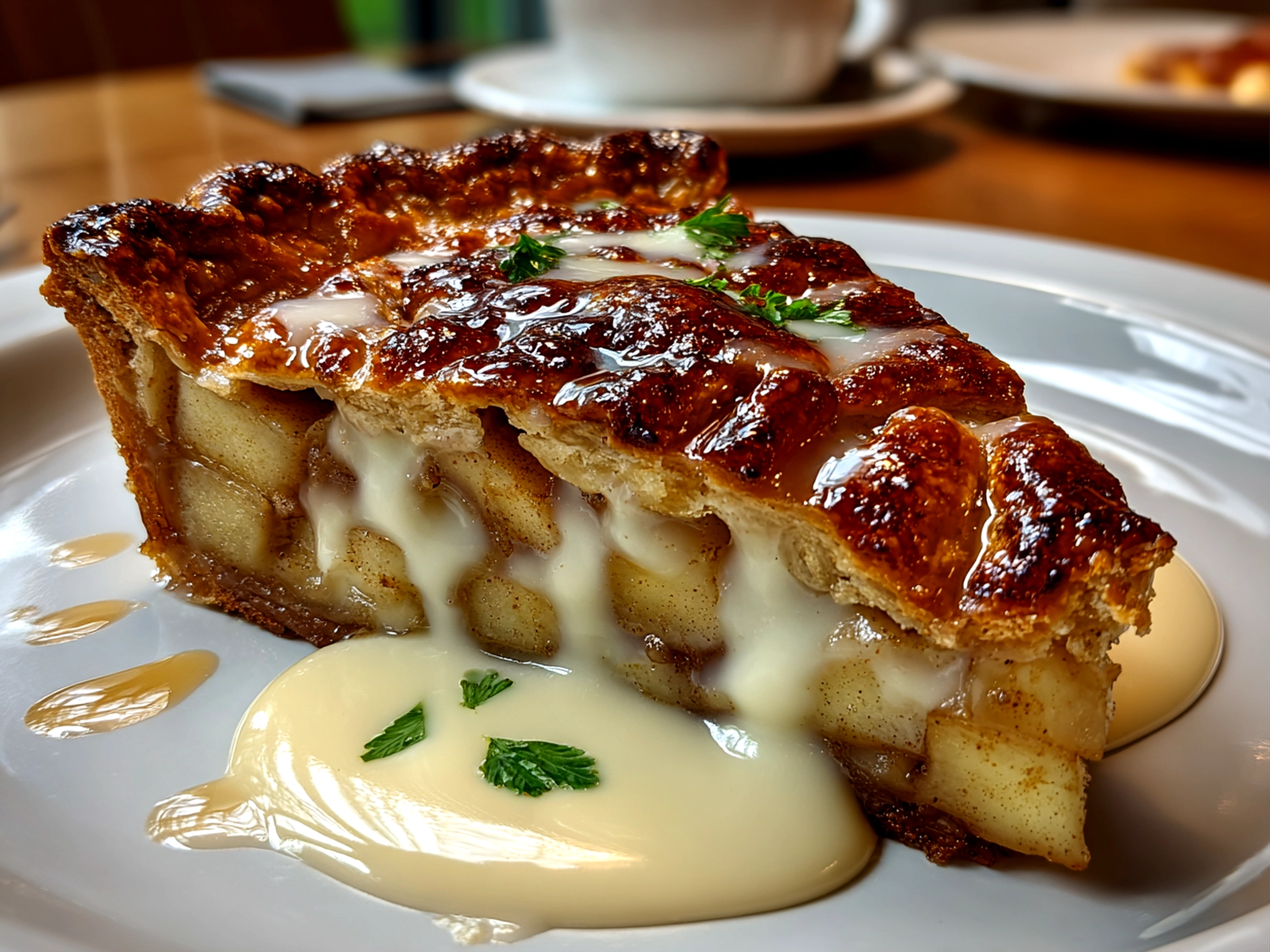 Freshly baked toffee apple pie with creamy custard