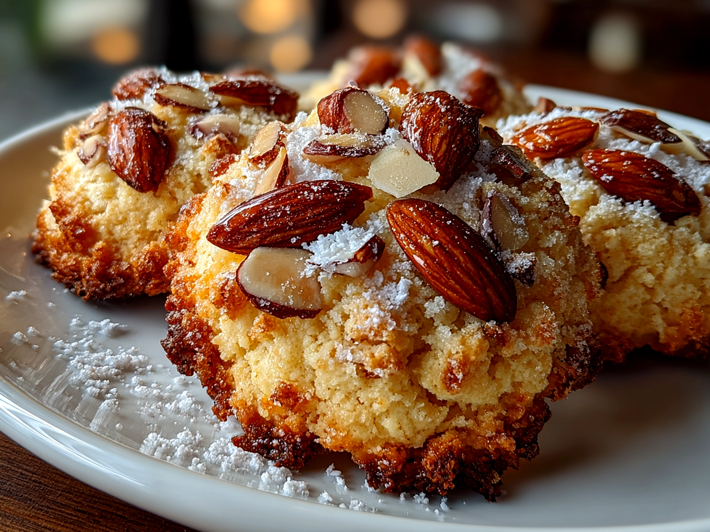 Freshly baked Triple Almond Cookies on white plate