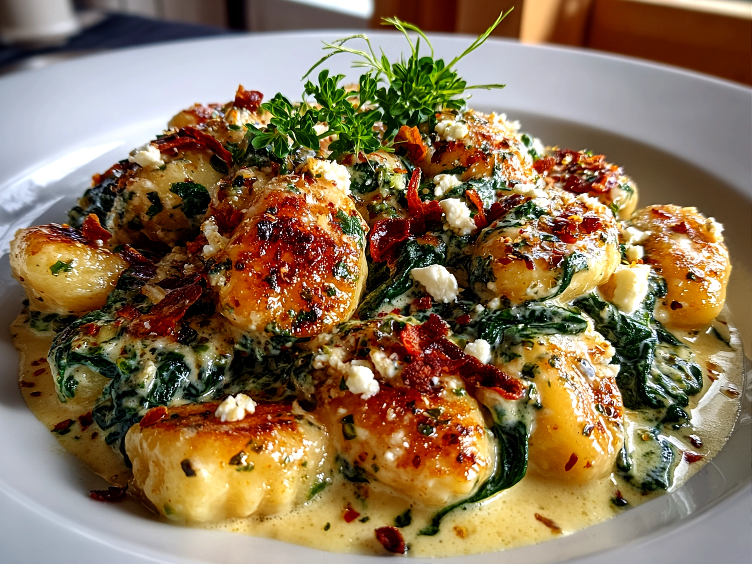 Freshly Cooked Creamy Gnocchi with Spinach and Feta