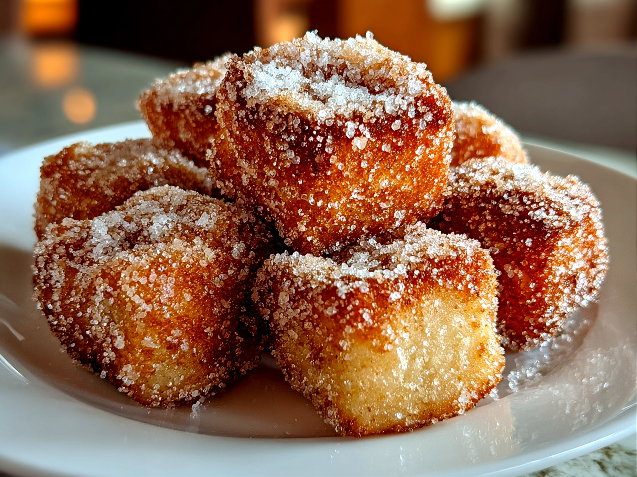 Freshly prepared Air Fryer Churro Bites on white plate