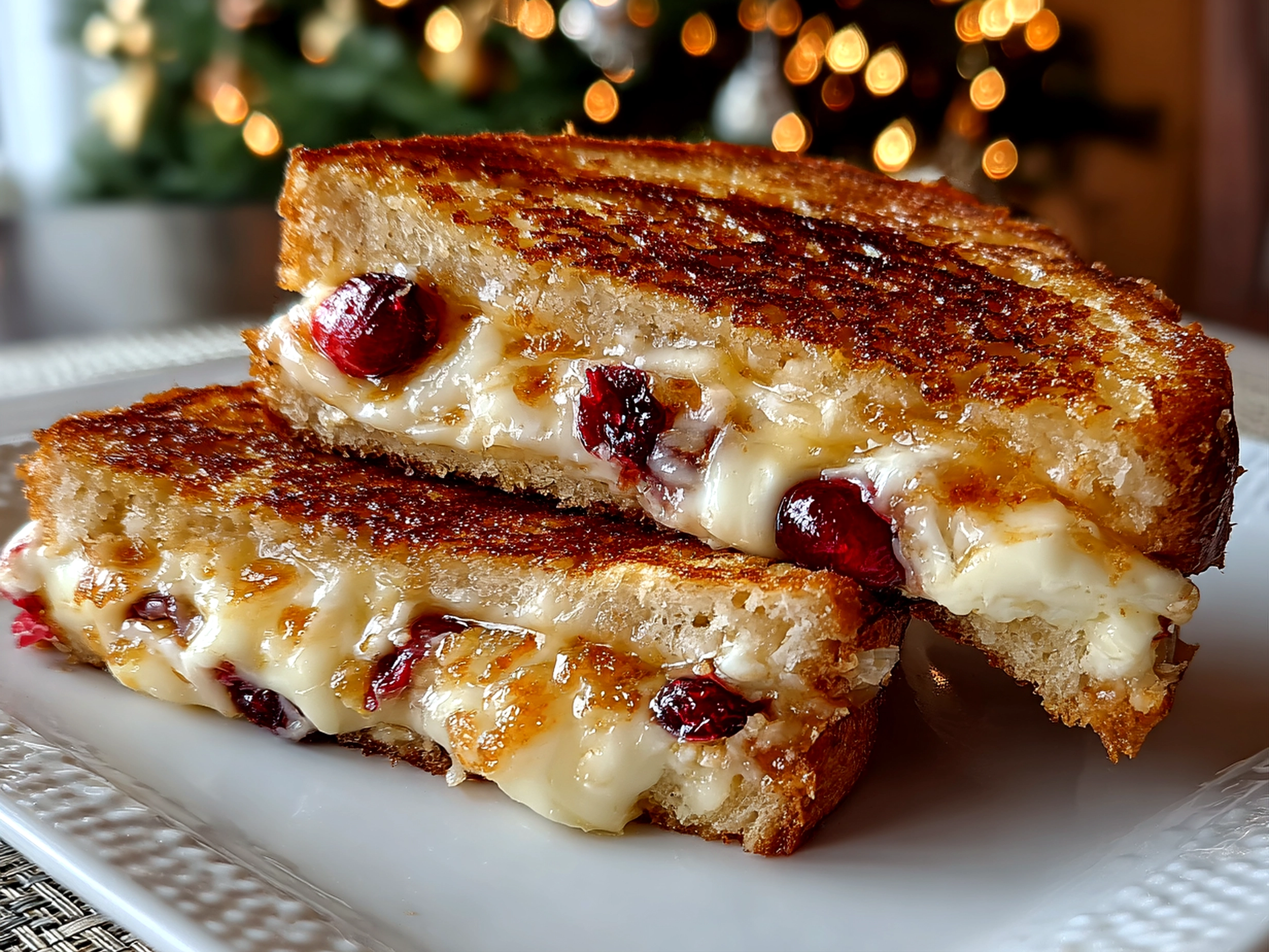 Freshly prepared apple and cranberry grilled cheese on white plate