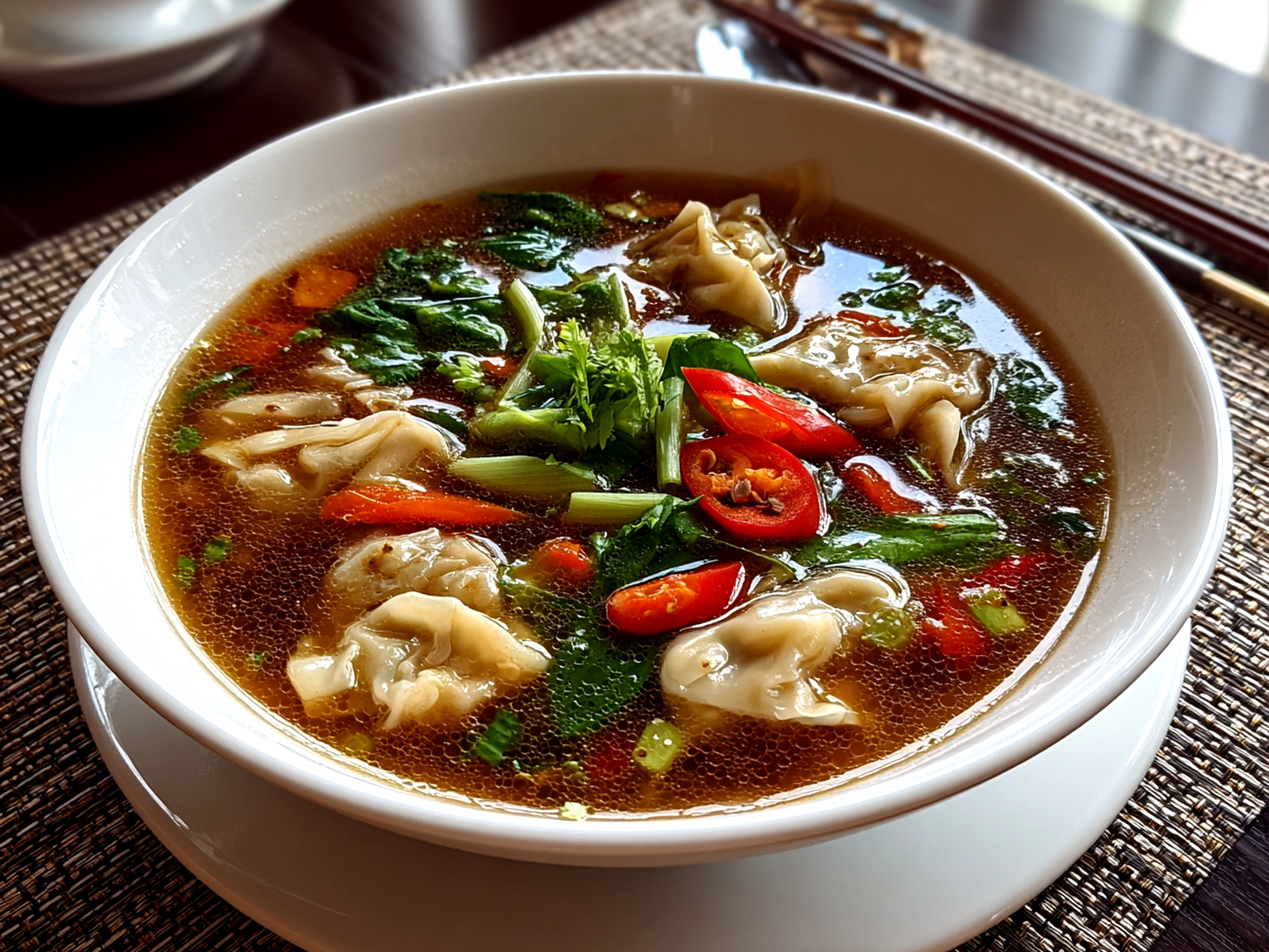 Freshly prepared Asian Wonton Soup with Fragrant Broth