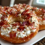 Freshly prepared Bacon Cream Cheese Bagels on white plate