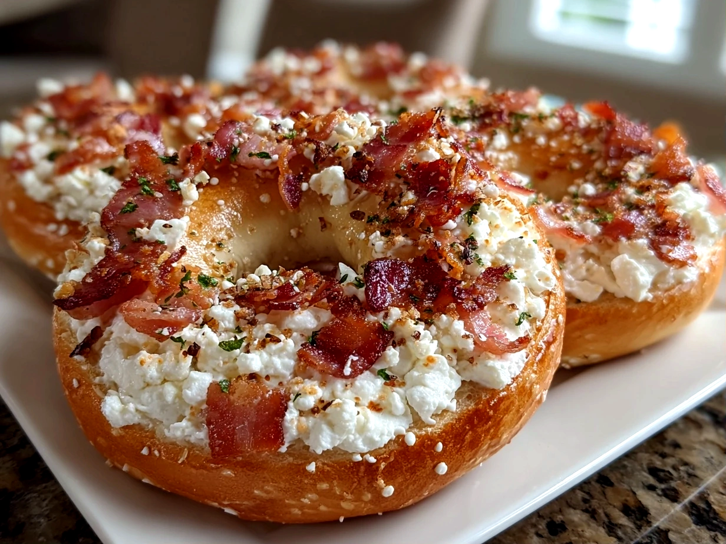 Freshly prepared Bacon Cream Cheese Bagels on white plate