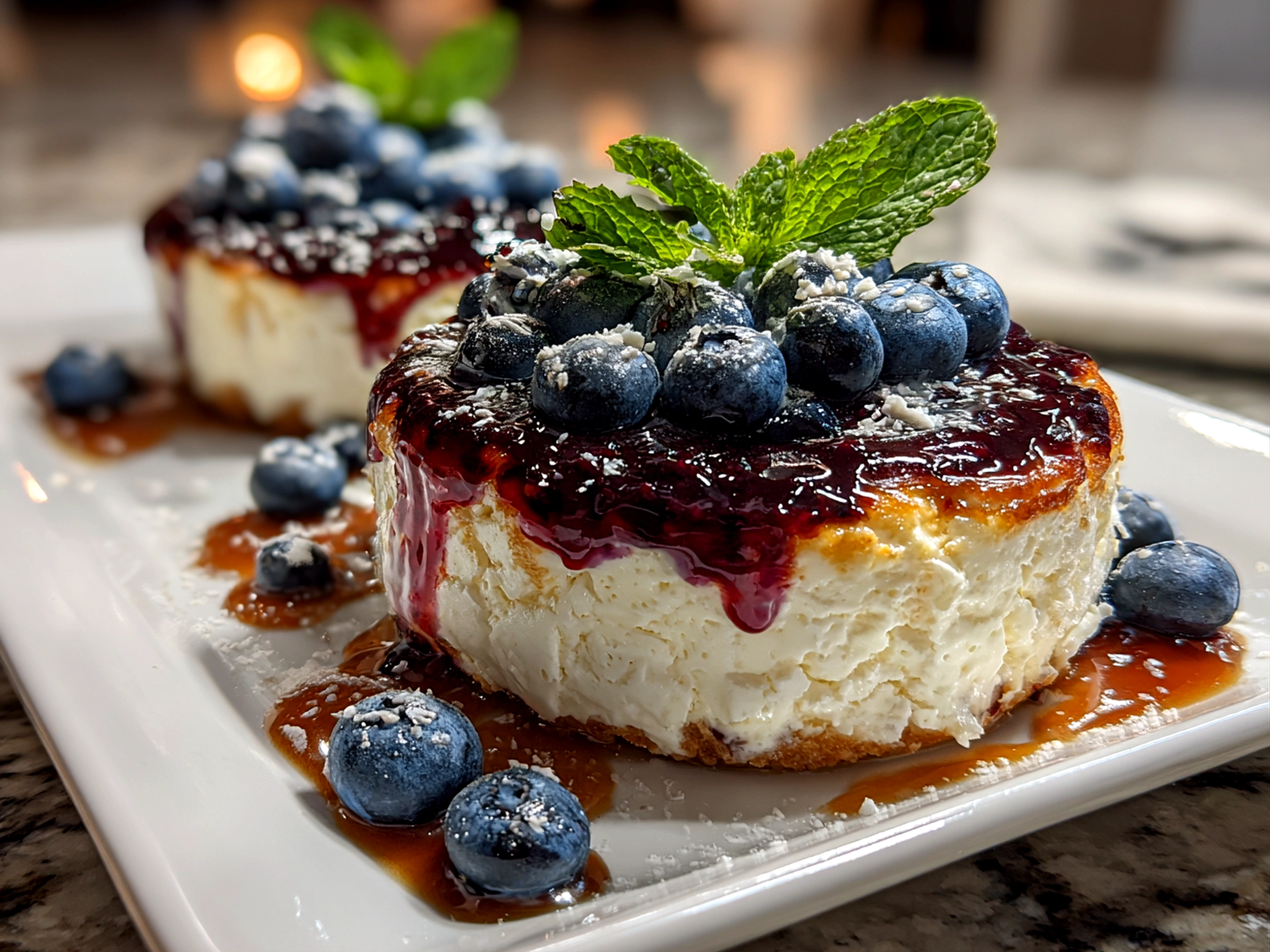 Freshly prepared baked blueberry cottage cheese bowls on minimal tabletop