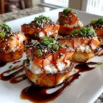 Freshly prepared baked salmon sushi cups on white plate