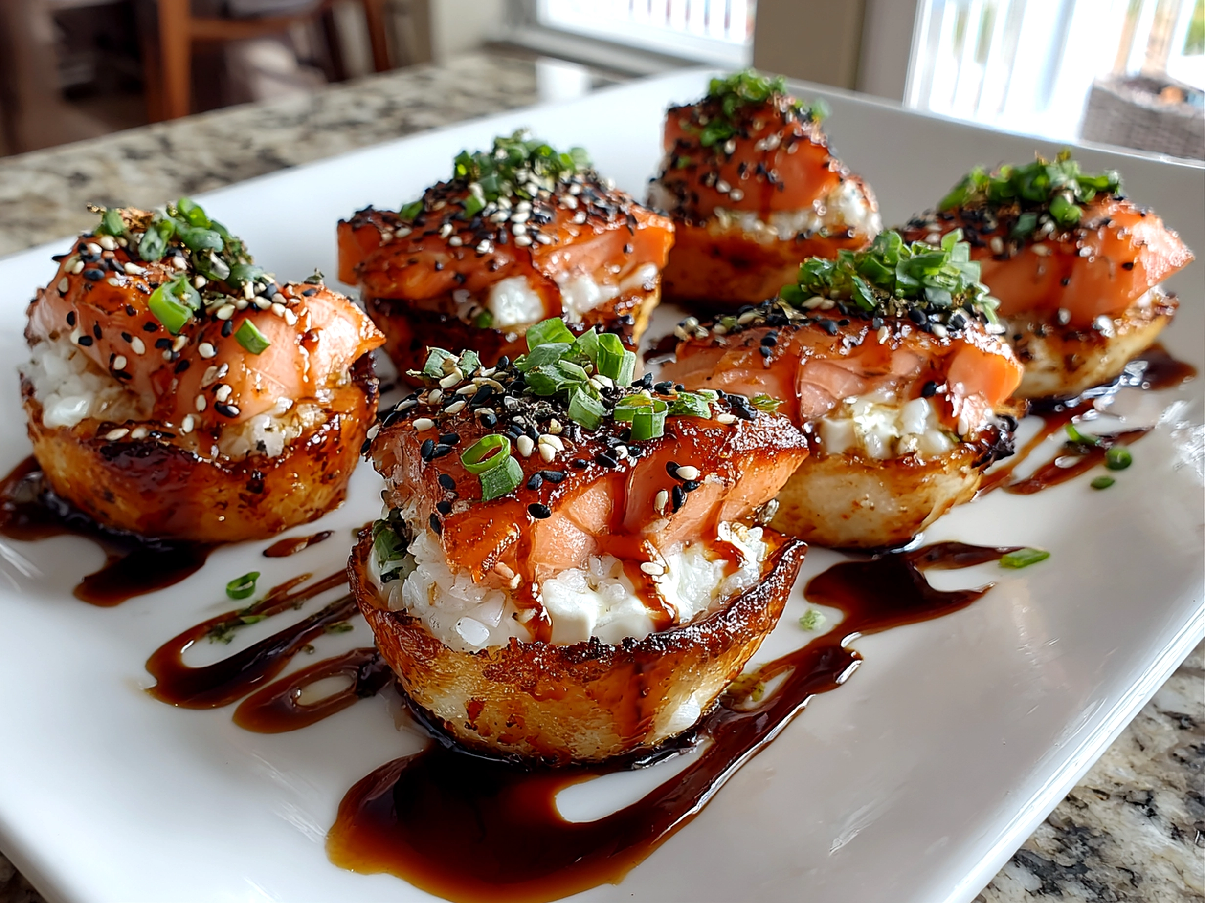 Freshly prepared baked salmon sushi cups on white plate