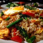 Freshly prepared Bang Bang Fried Rice on white plate