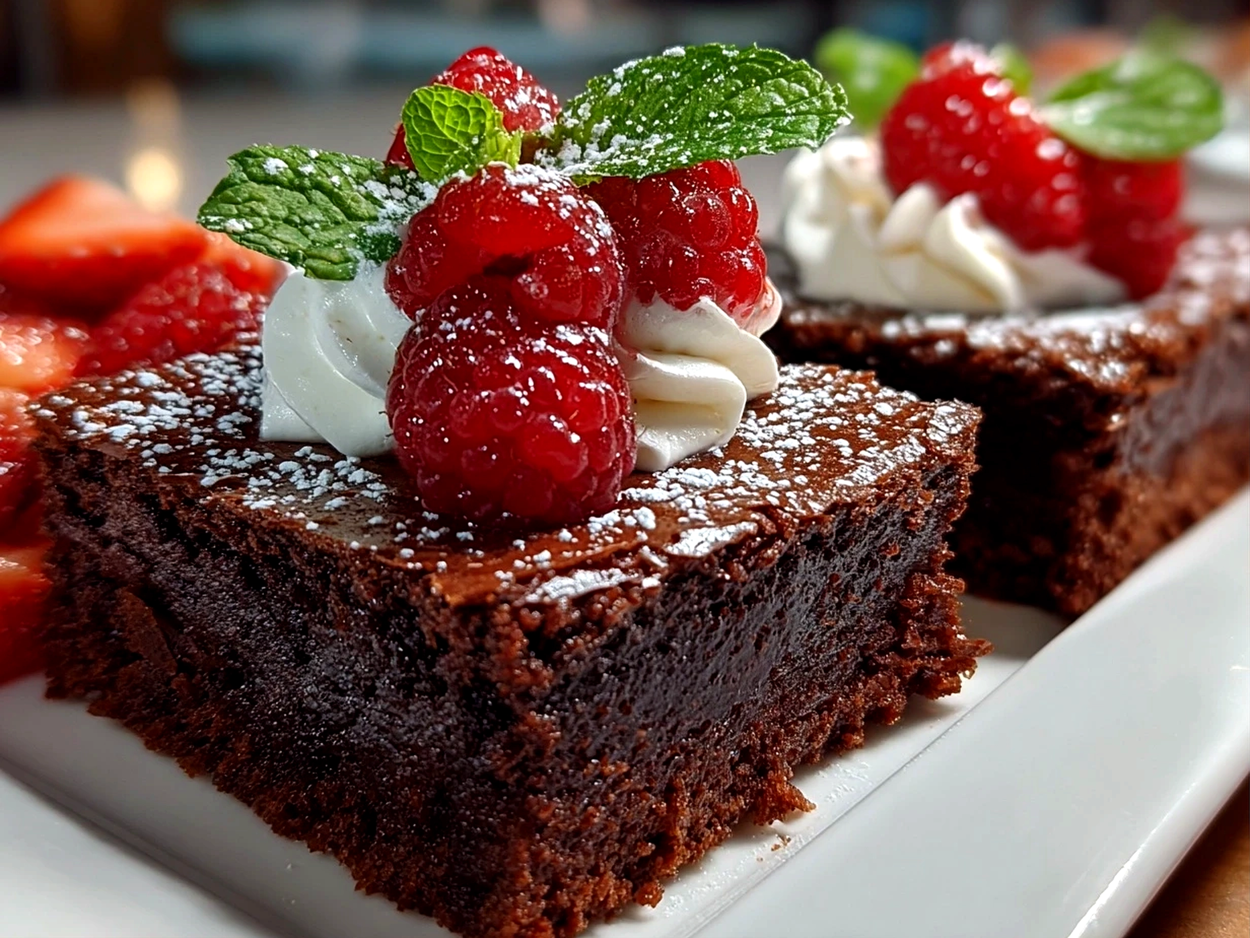 Freshly prepared Chocolate Mousse Brownies on white plate
