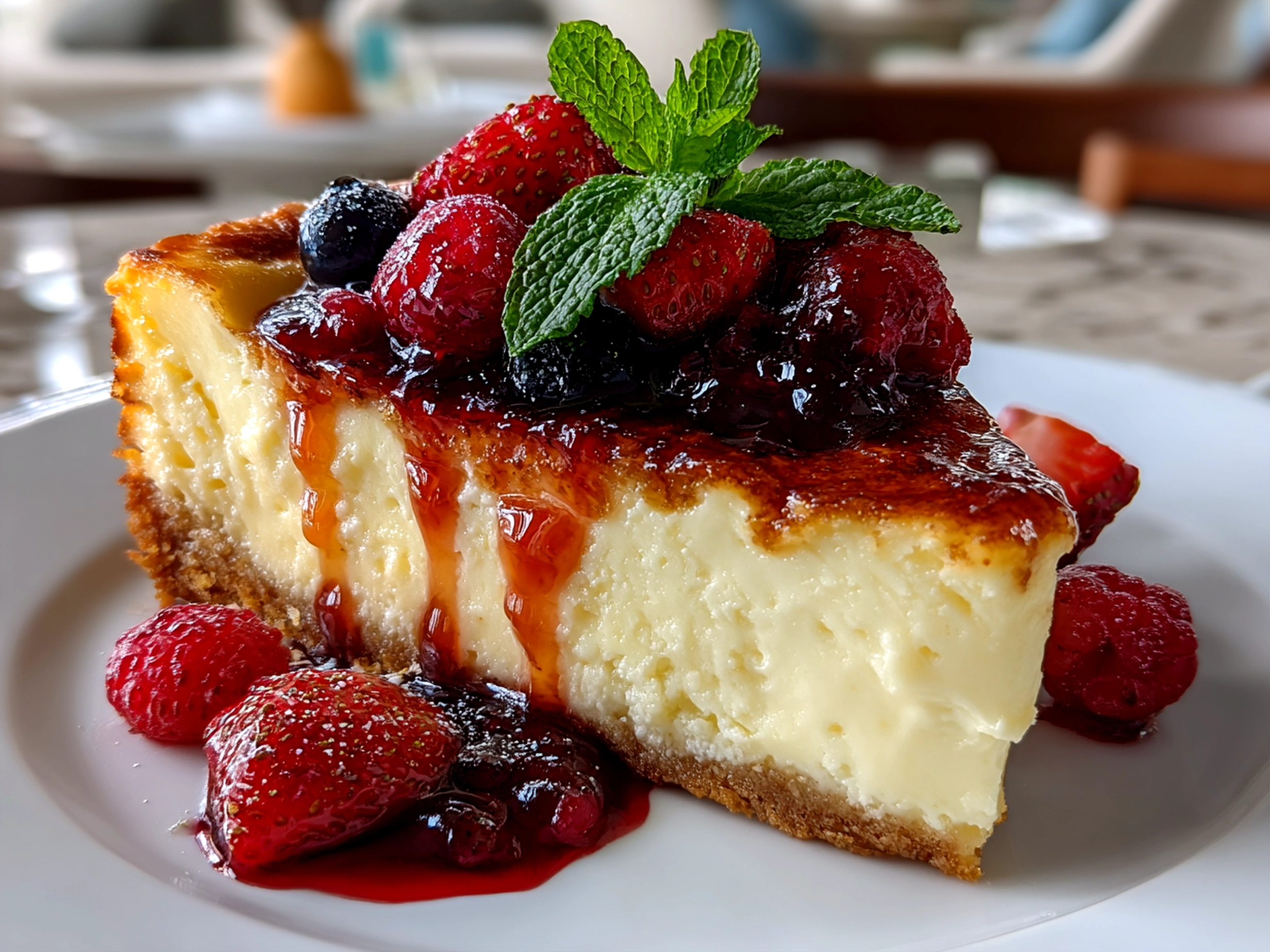 Freshly prepared Citrus Berry Burnt Cheesecake close-up