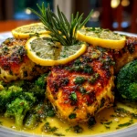 Freshly prepared Cowboy Butter Lemon Bowtie Chicken with Broccoli plated on white dish