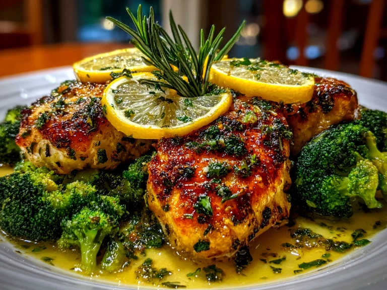 Freshly prepared Cowboy Butter Lemon Bowtie Chicken with Broccoli plated on white dish
