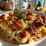 Freshly prepared creamy seafood gratin on a white plate