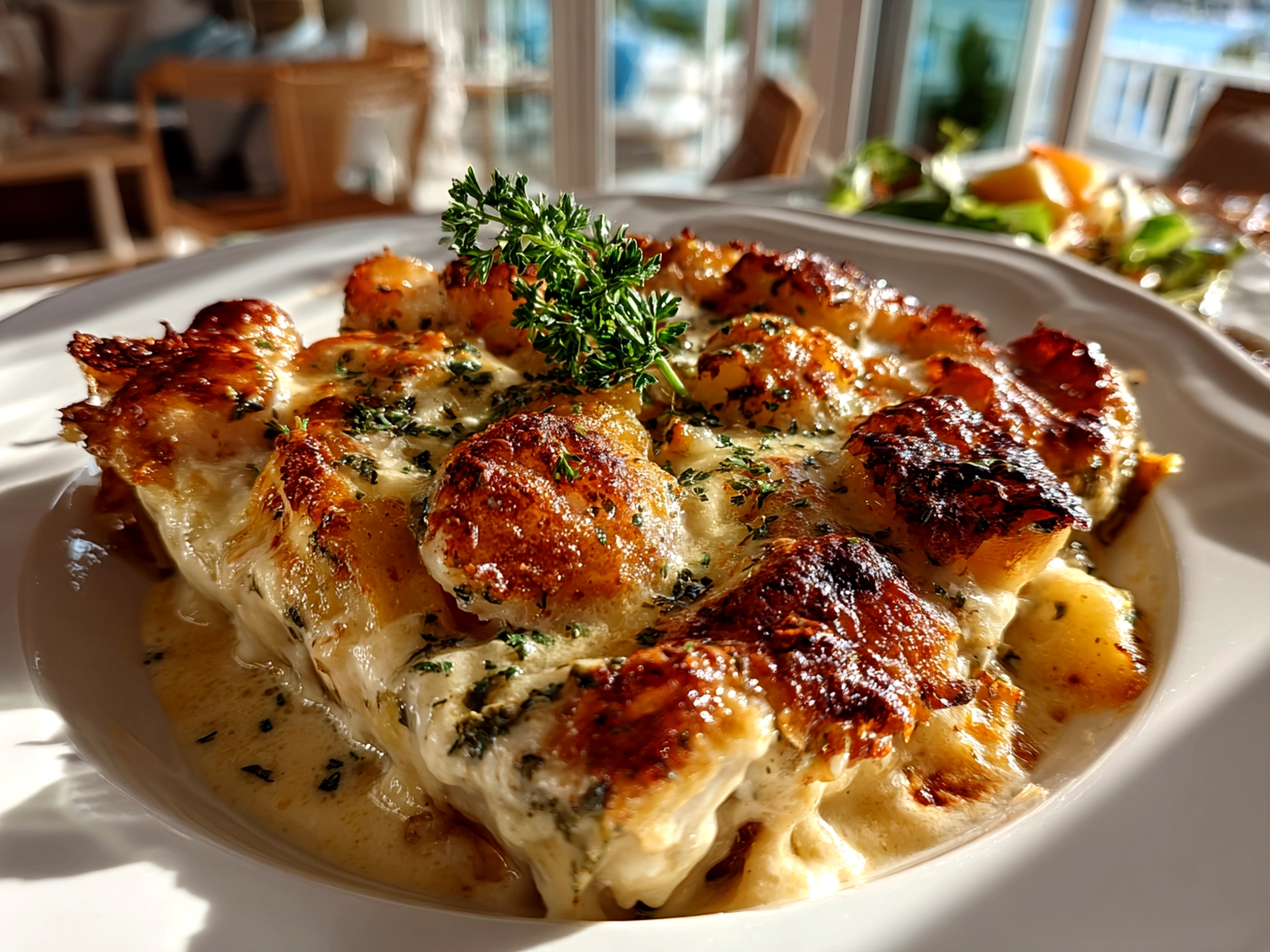 Freshly prepared creamy seafood gratin on a white plate