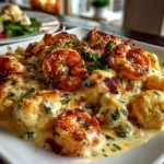 Freshly prepared creamy shrimp casserole with rich textures