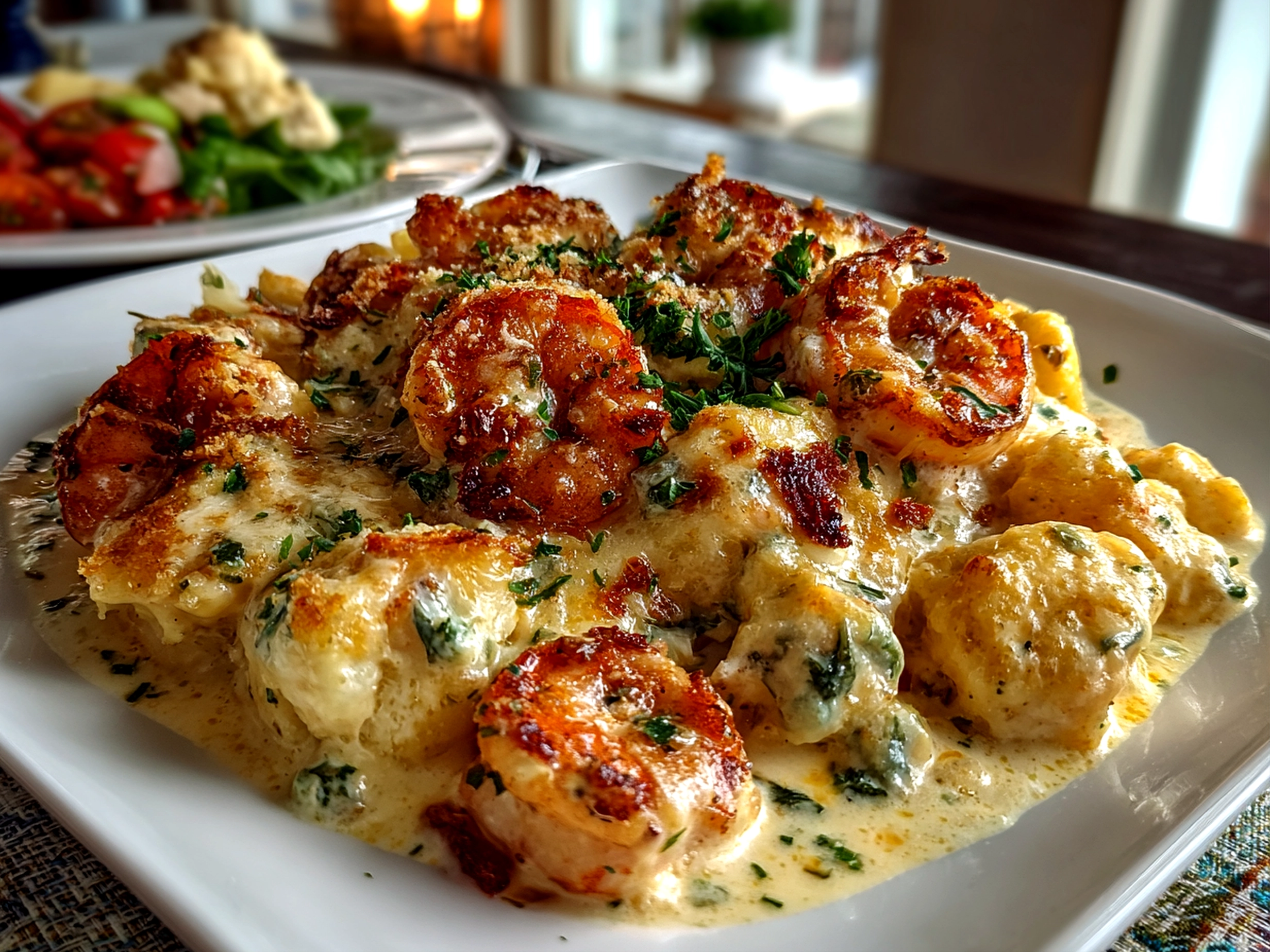 Freshly prepared creamy shrimp casserole with rich textures