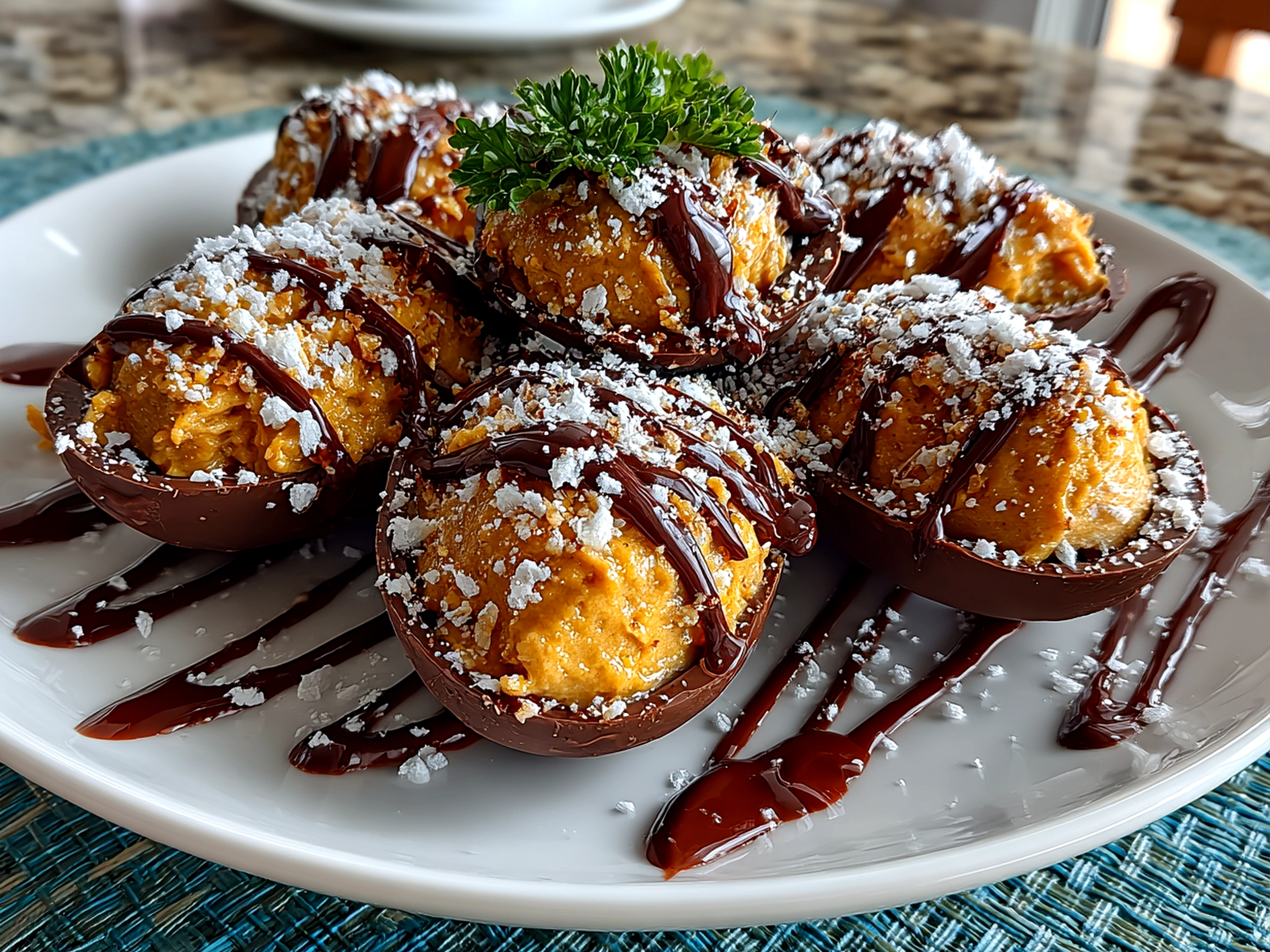 Freshly prepared Easter peanut butter eggs on white plate