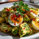 Freshly prepared Egg Avocado Salad on modern kitchen counter