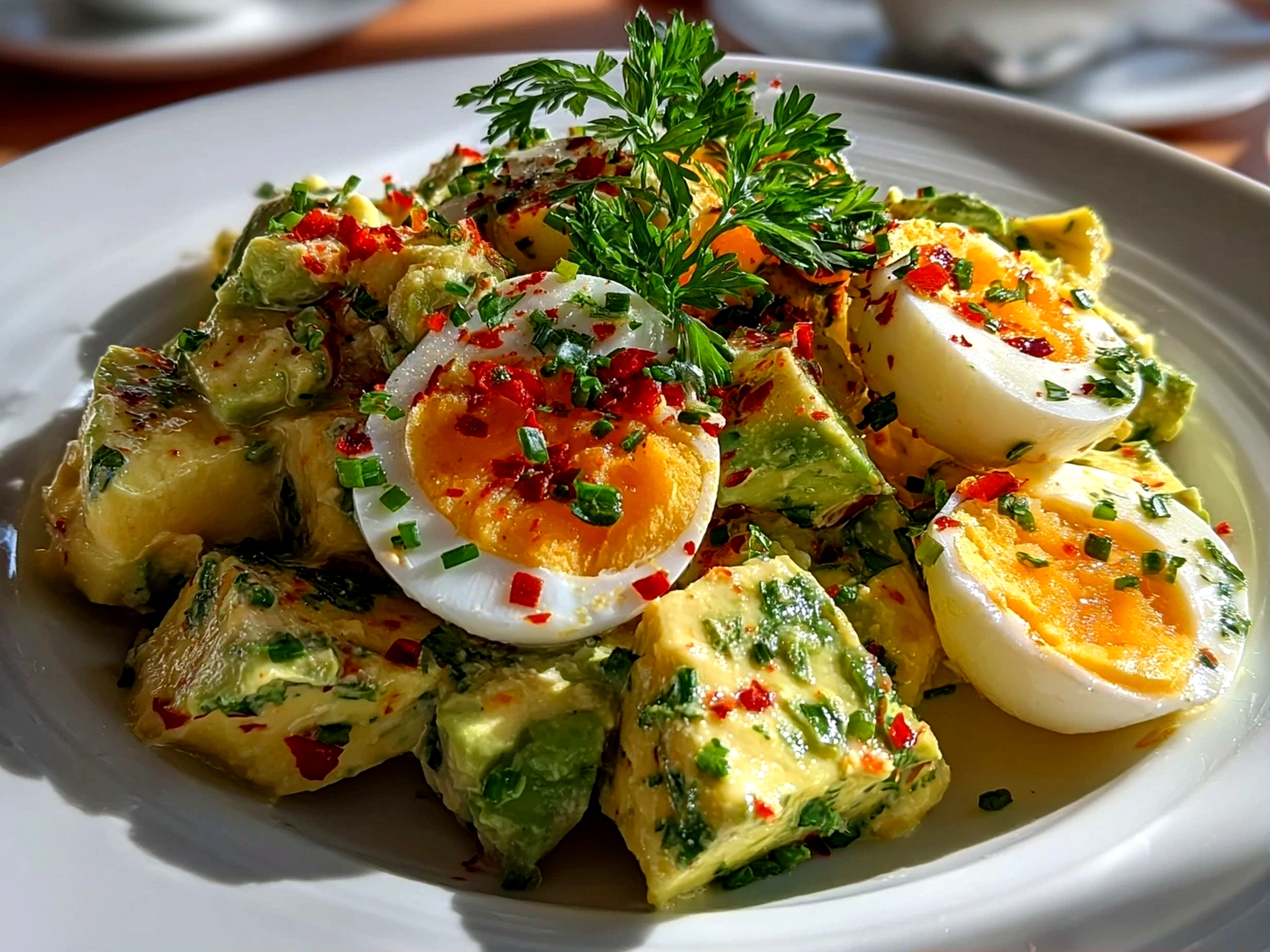 Freshly prepared Egg Avocado Salad on modern kitchen counter