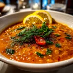 Freshly prepared Lemon Lentil Soup close-up