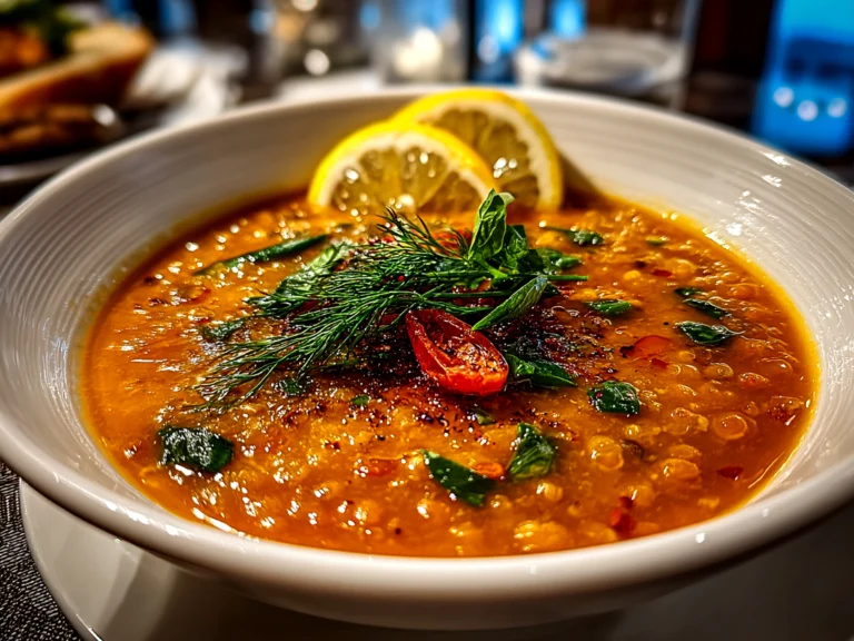 Freshly prepared Lemon Lentil Soup close-up