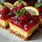 Freshly prepared Lemon Raspberry Bars on white plate
