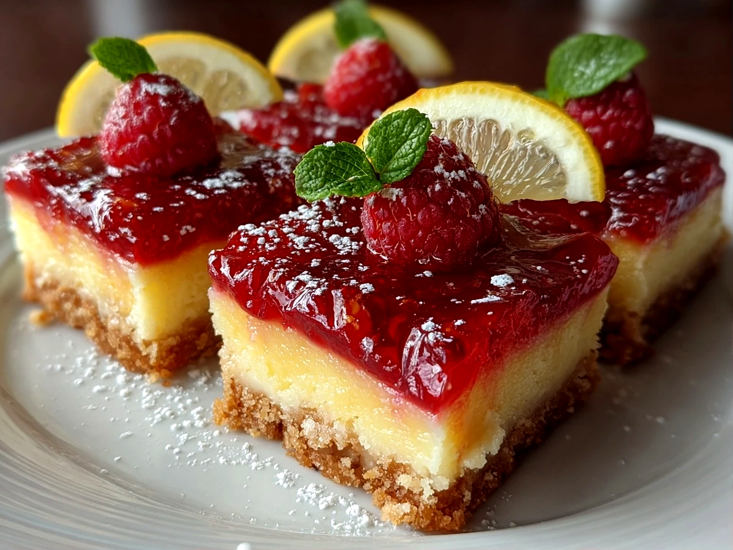 Freshly prepared Lemon Raspberry Bars on white plate