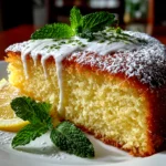 Freshly prepared Limoncello Cake on white plate