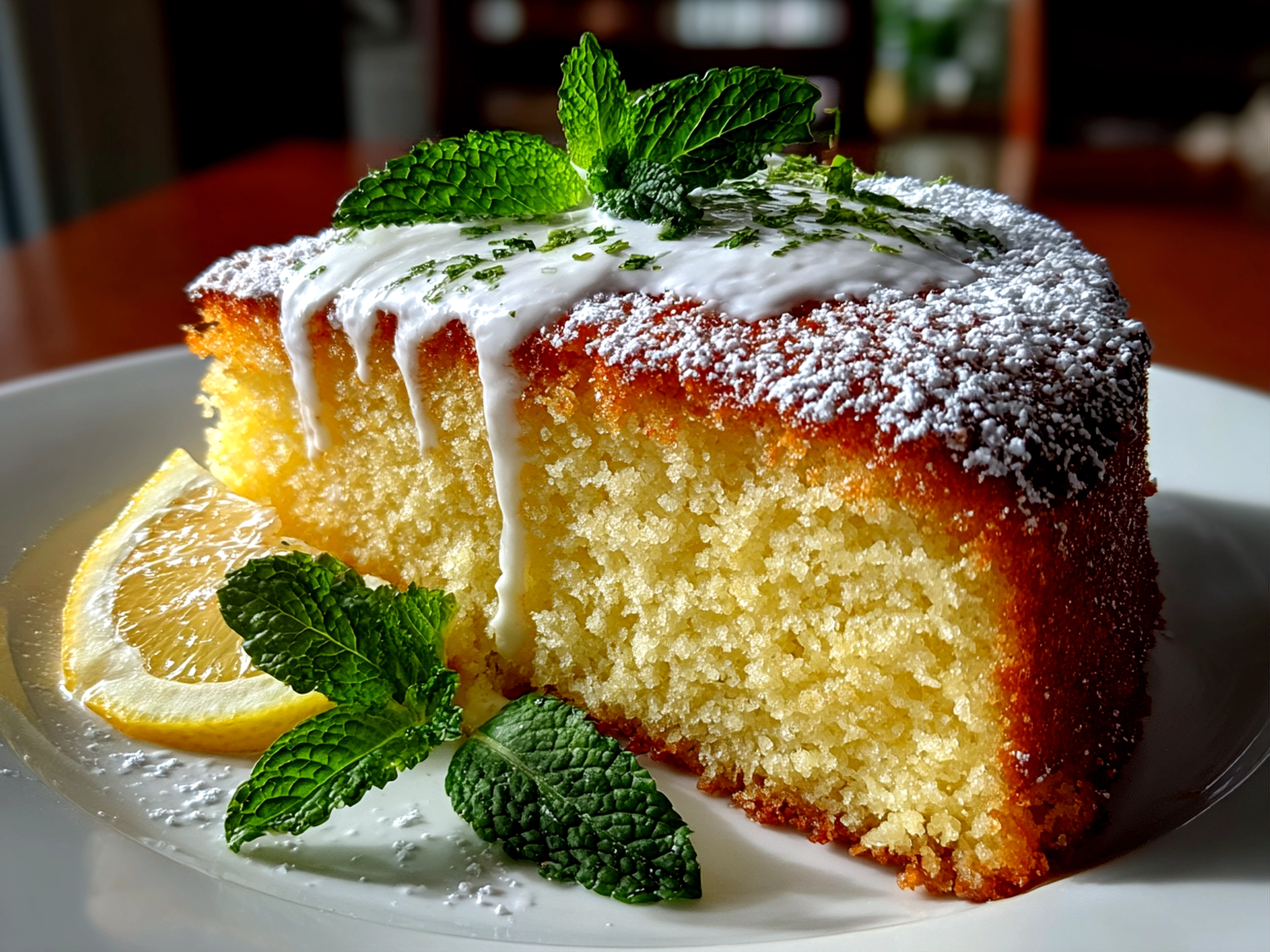 Freshly prepared Limoncello Cake on white plate
