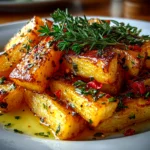 Freshly prepared Maple Roasted Parsnips with Thyme on white plate