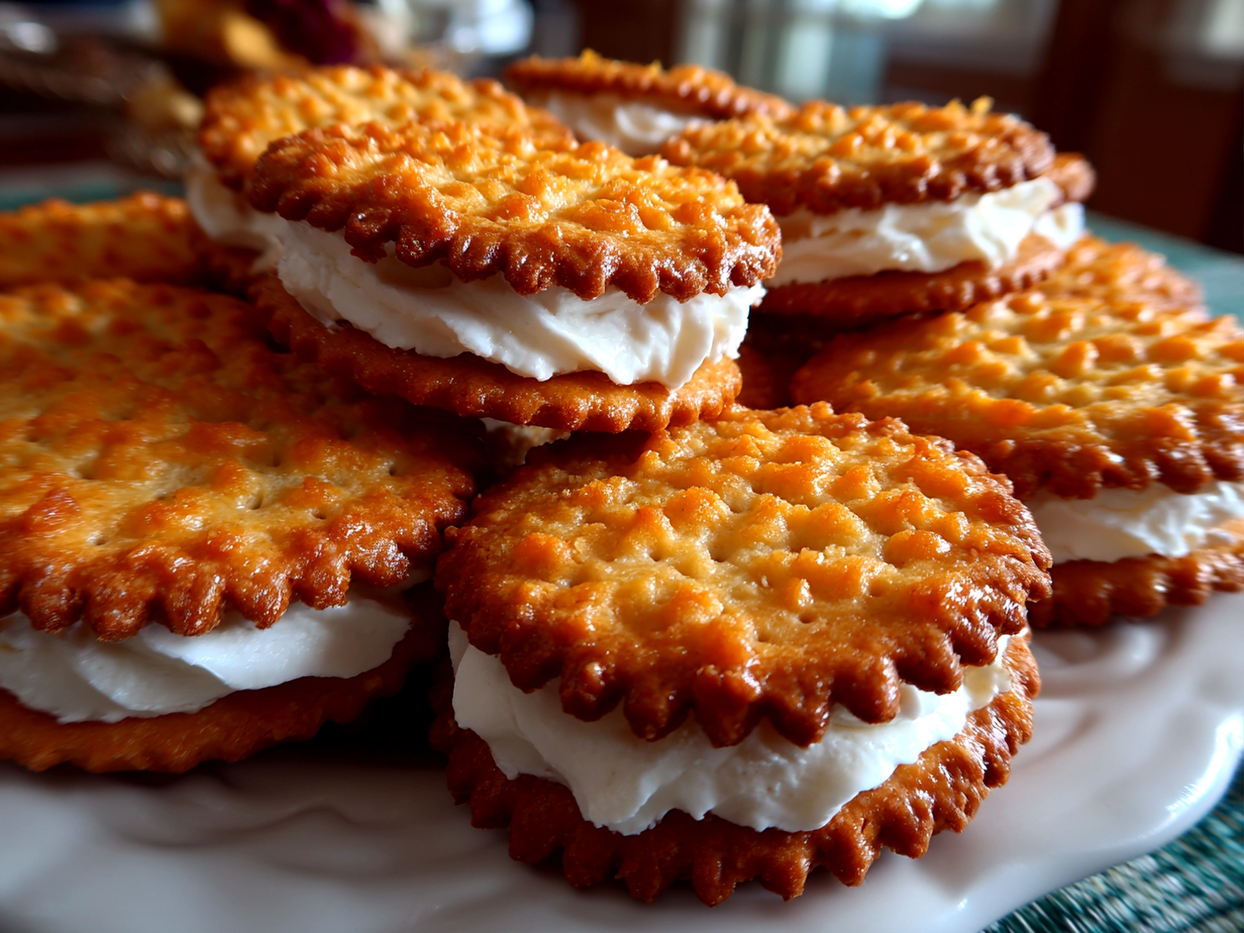 Freshly prepared Ritz Crackers Party Sandwiches on white plate