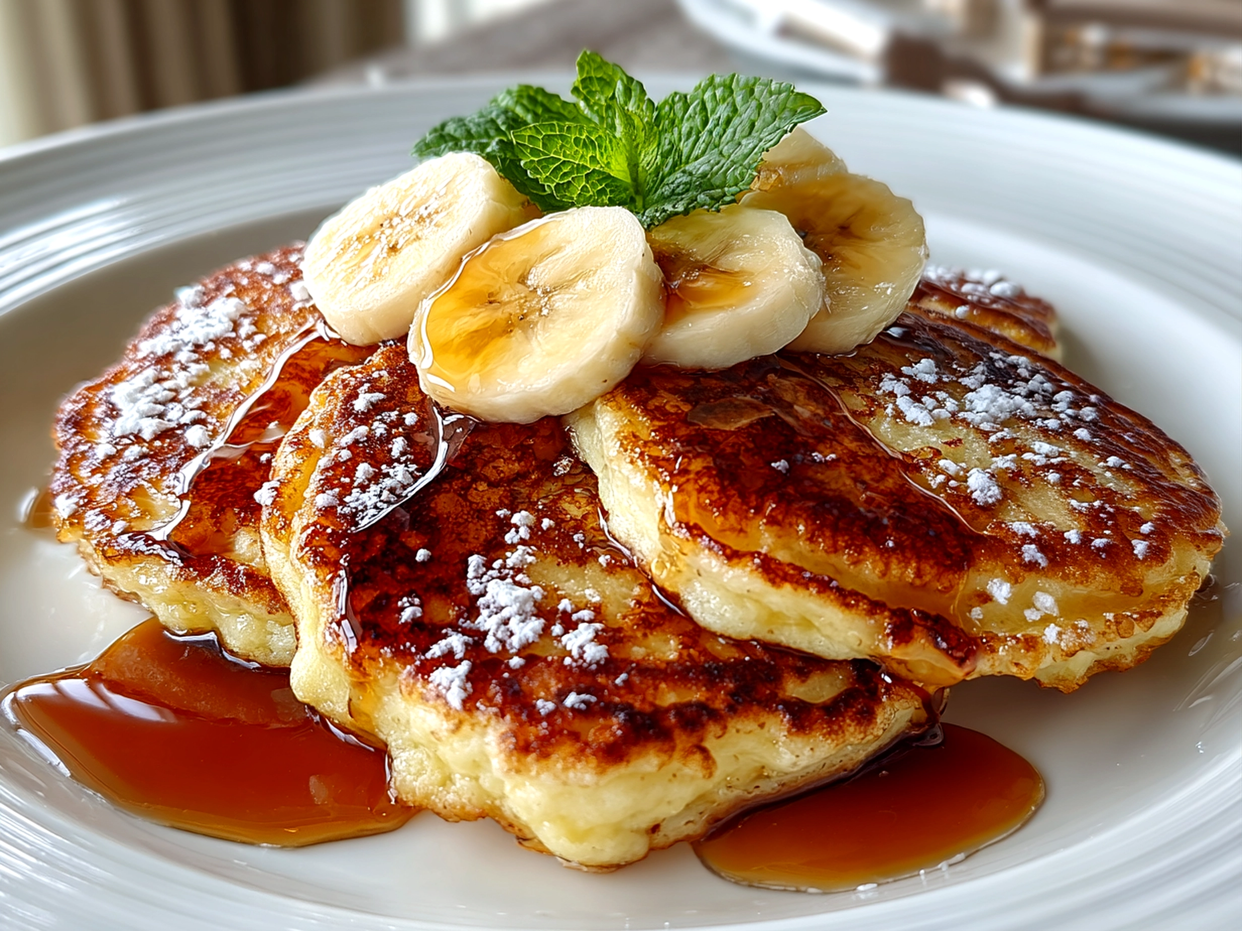 Freshly prepared sourdough banana pancakes on white plate