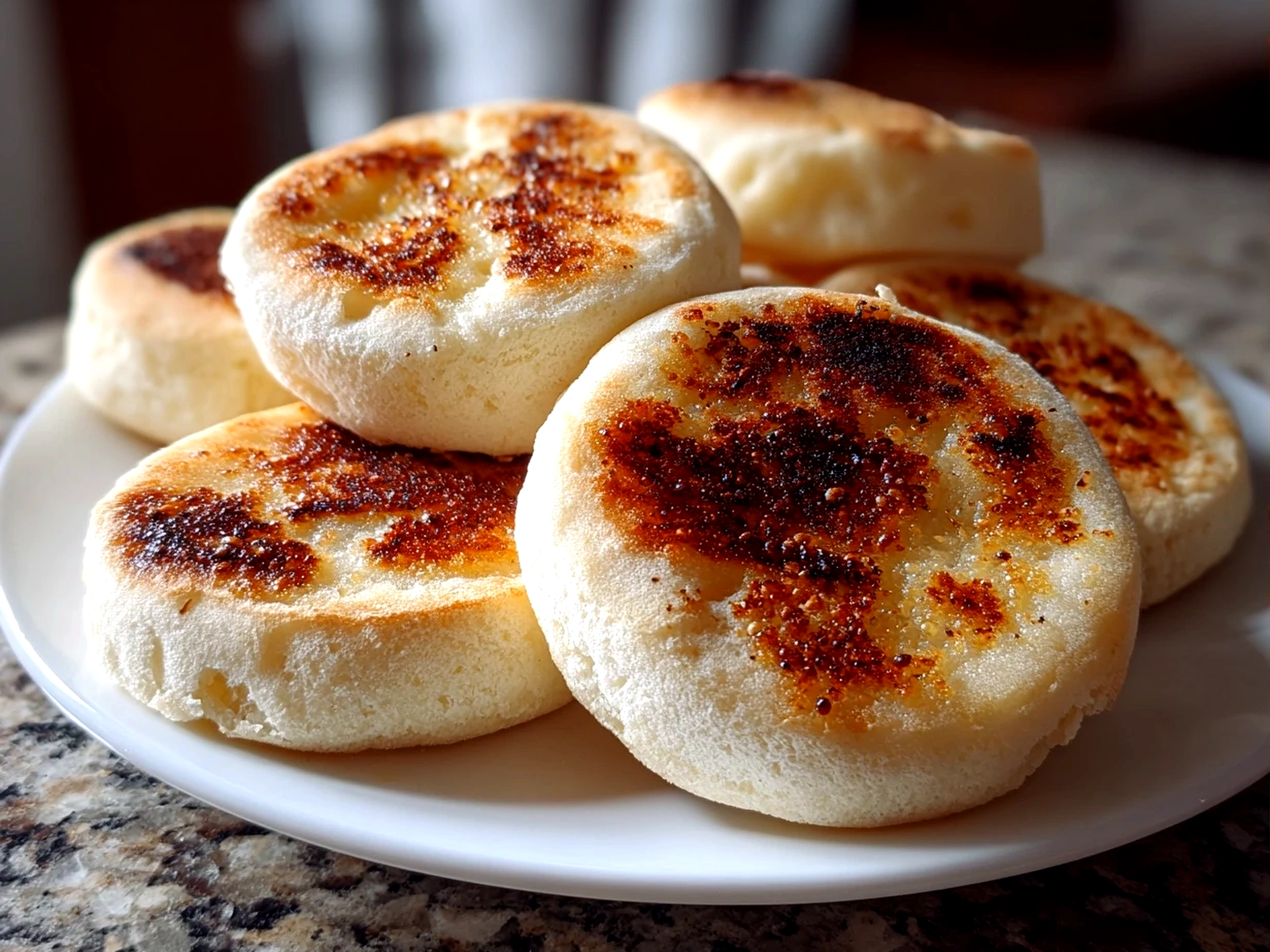 Freshly prepared sourdough discard English muffins on clean counter