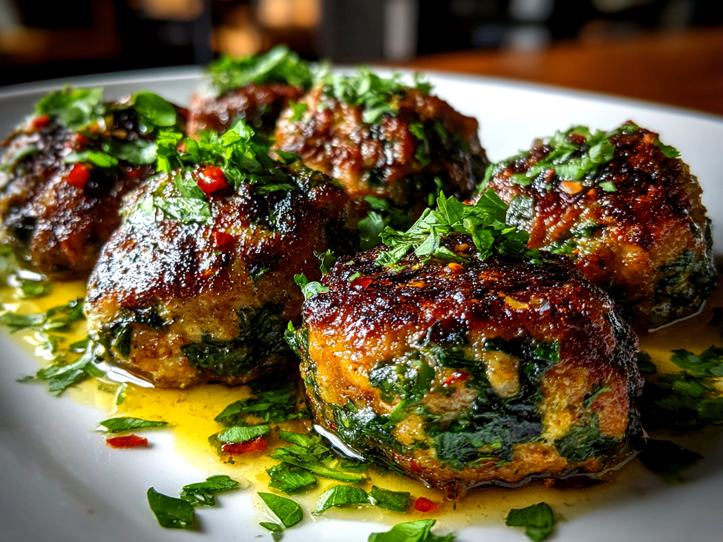 Freshly prepared Spinach Garlic Meatballs on white plate