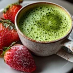 Freshly prepared strawberry matcha latte close-up