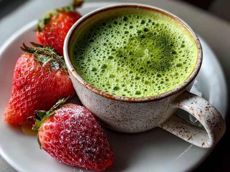 Freshly prepared strawberry matcha latte close-up