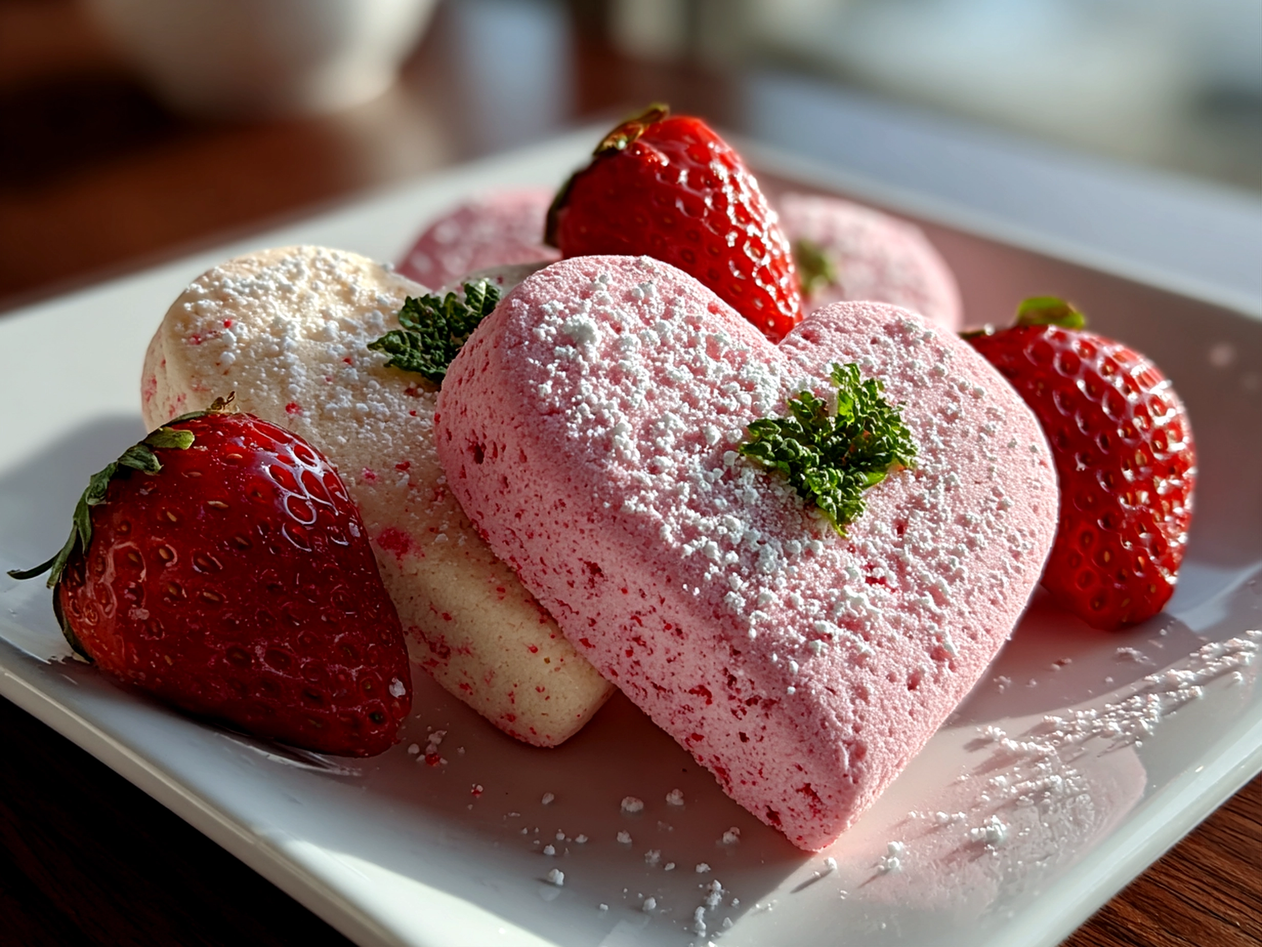 Freshly prepared Valentine Strawberry Cookies on white plate