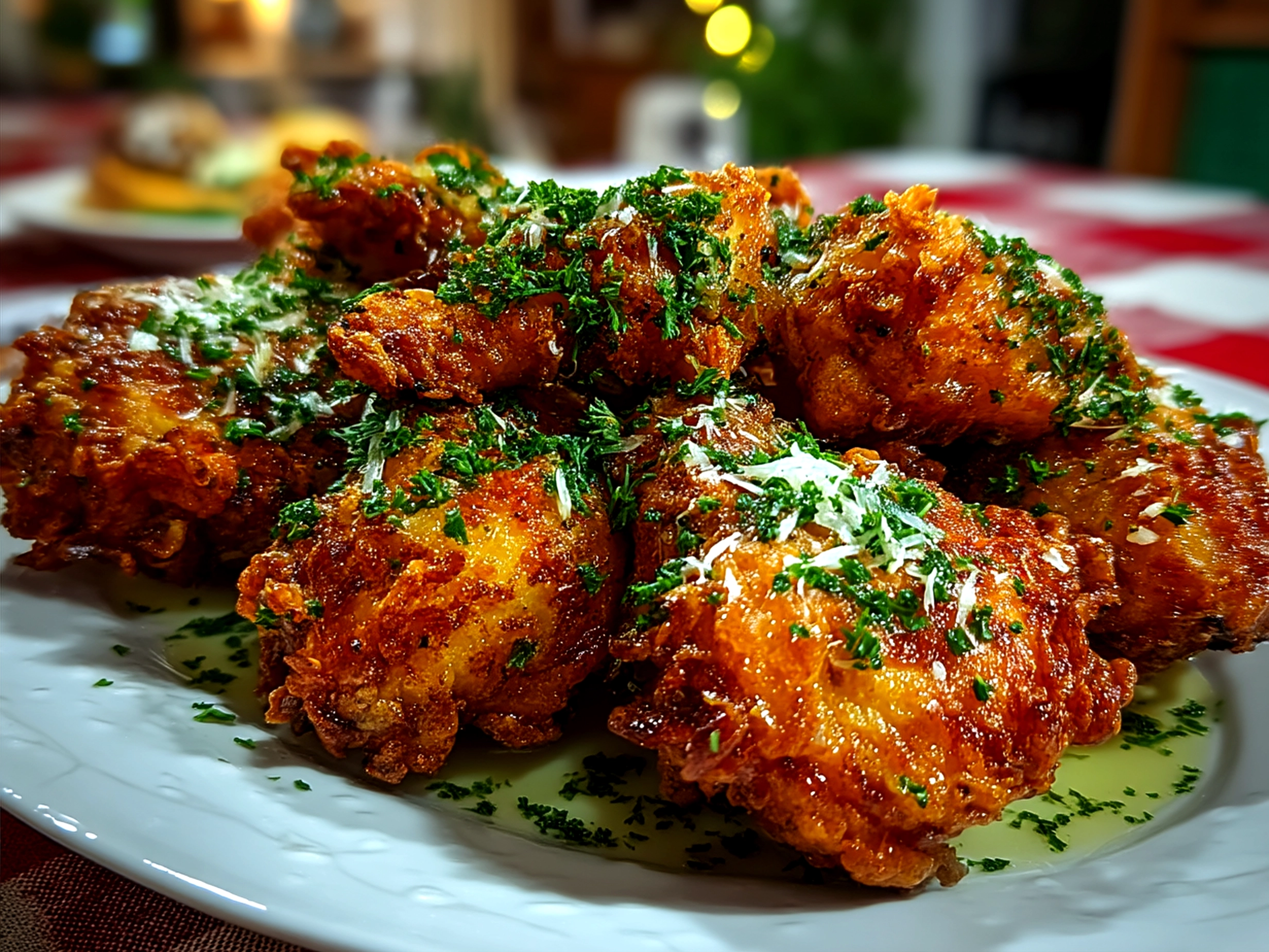 Finished Garlic Butter Fried Chicken served on a plate