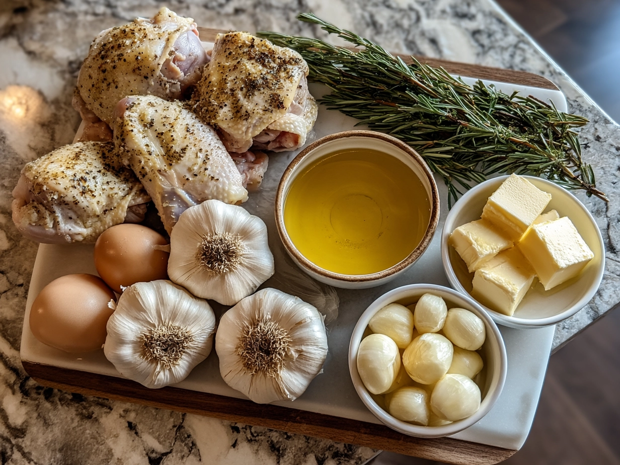 Ingredients for Garlic Butter Fried Chicken laid out