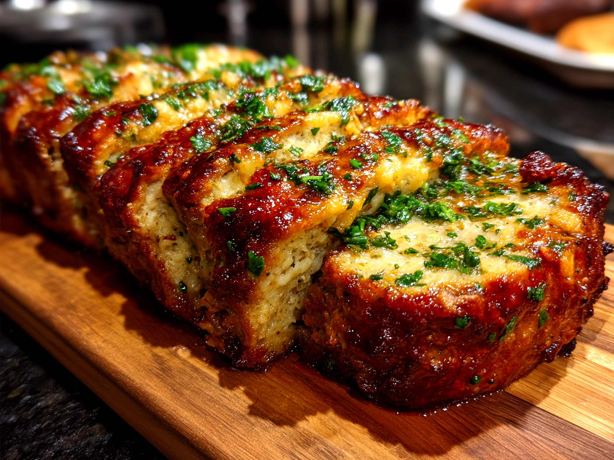 Served Garlic Parmesan Chicken Meatloaf with sides