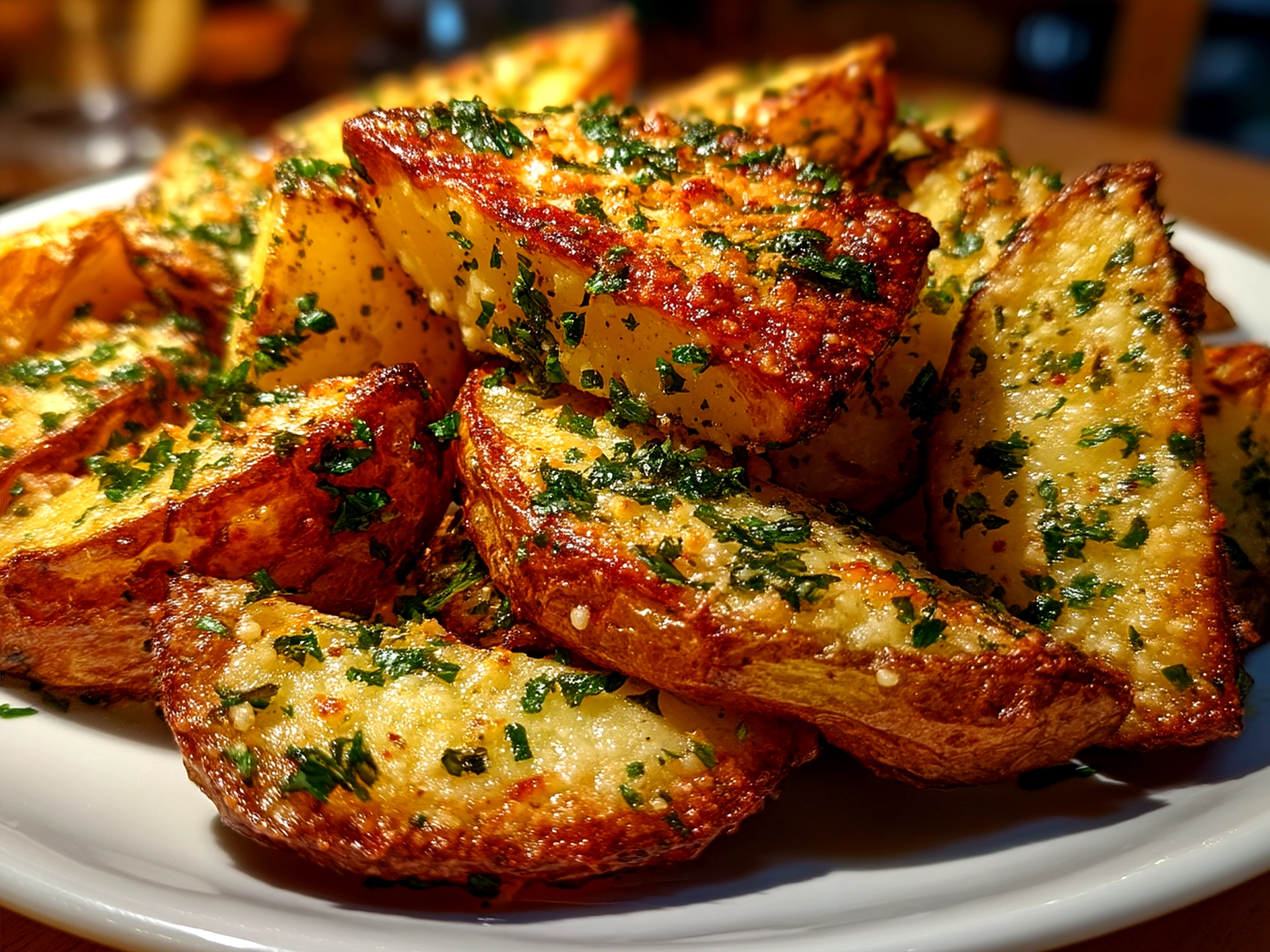 Plated Garlic Parmesan Potato Wedges served with fresh herbs and a protein side