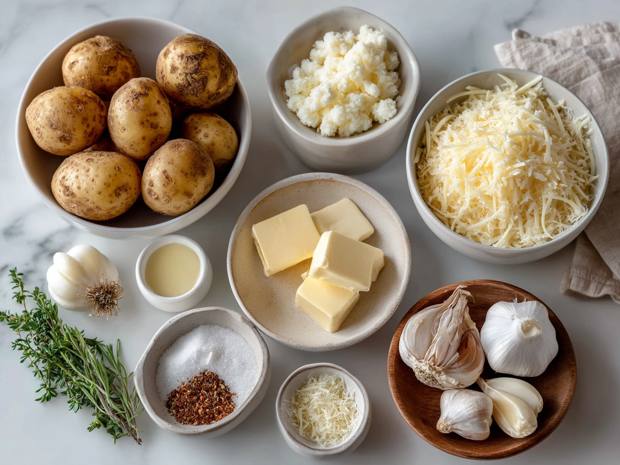 Ingredients for Garlic Parmesan Potato Wedges lined up on a kitchen counter