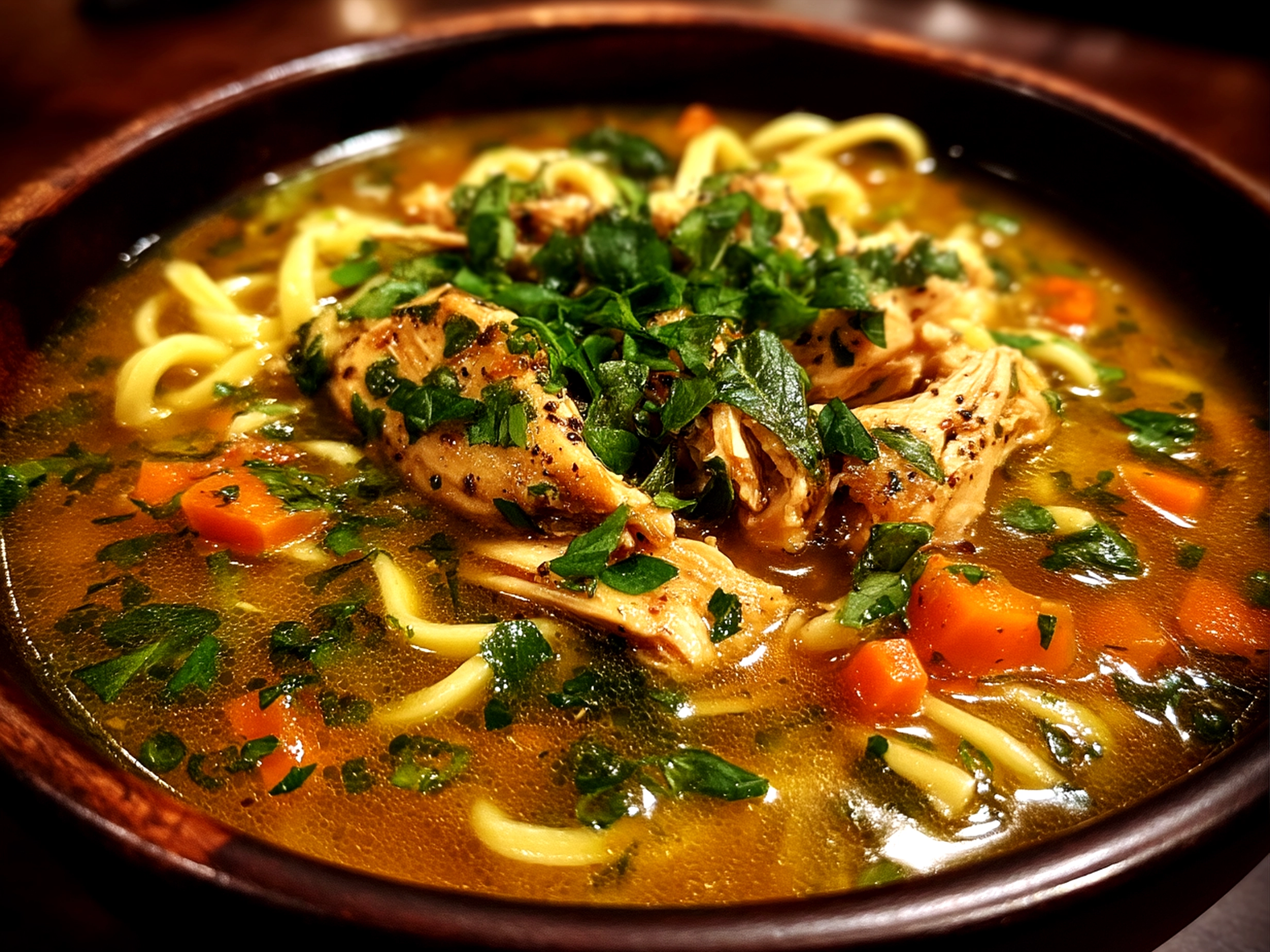 A bowl of Ginger Scallion Chicken Noodle Soup with fresh green scallions on top, ready to serve